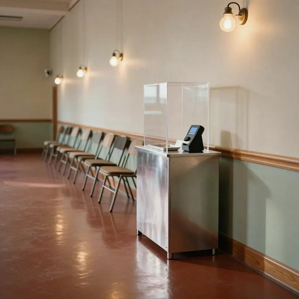 Sala eventi comunitaria con box offerte trasparente e terminale contactless in luce cinematografica.
