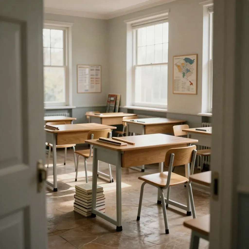 Aula scolastica rinnovata e vuota, banchi nuovi e materiali pronti alla luce del mattino.