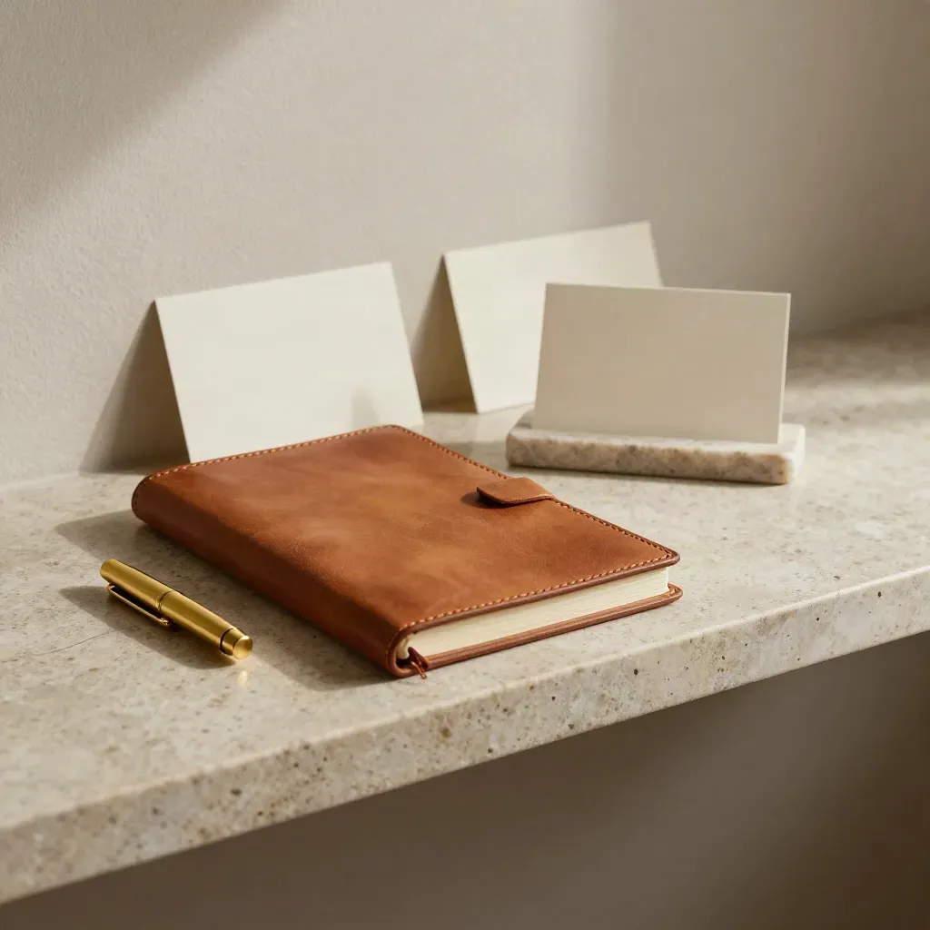 Taccuino in pelle, cappuccio in ottone e card avorio su pietra, luce laterale morbida.