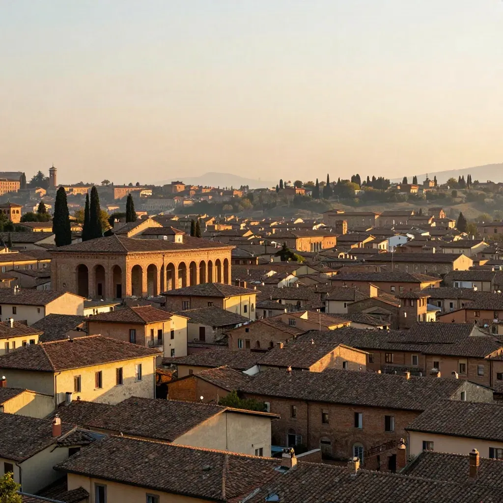 Vista dorata di Bologna con i portici e San Luca sopra i tetti rossi.
