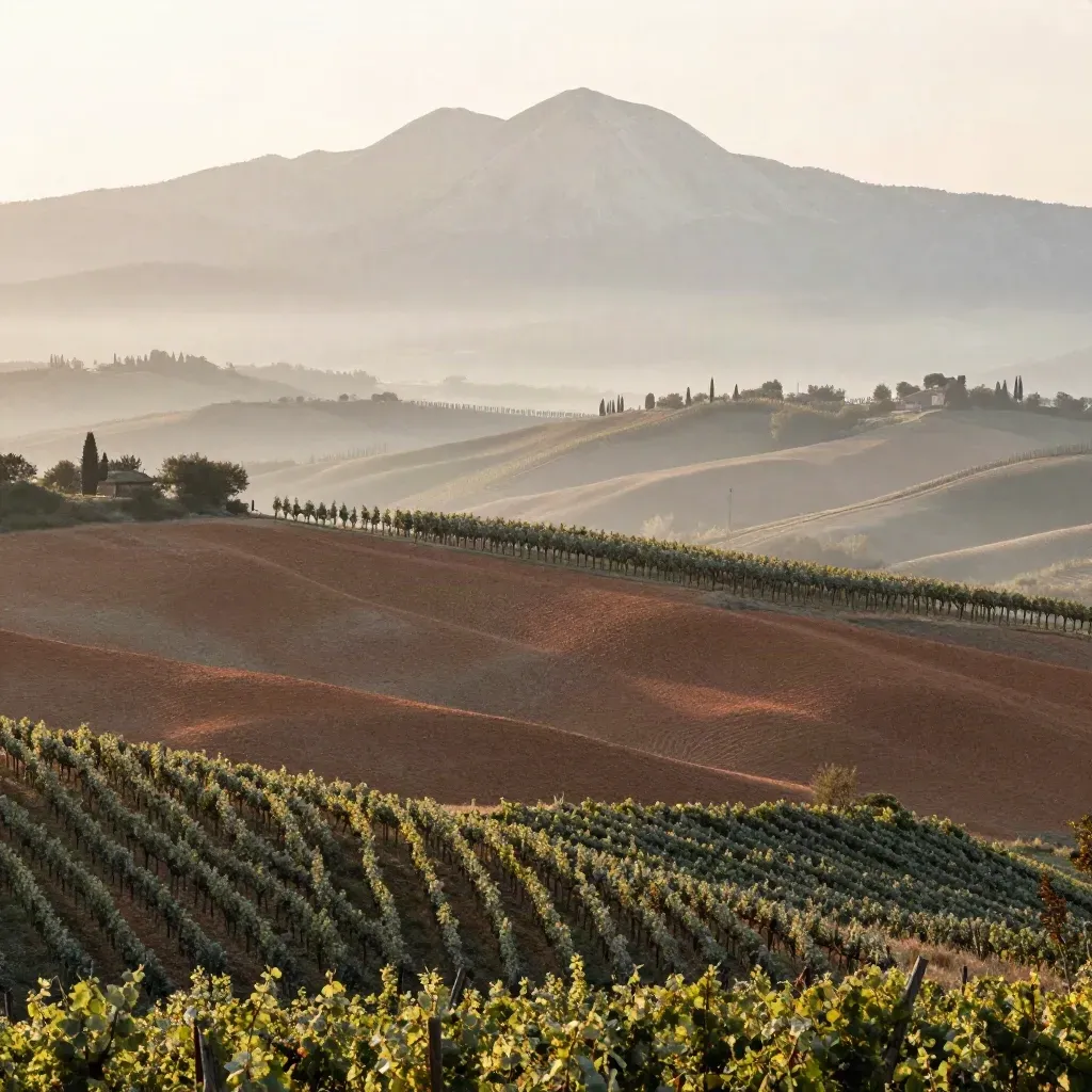 Vigneti delle Langhe al blue hour con Alpi pallide e nebbia di valle.